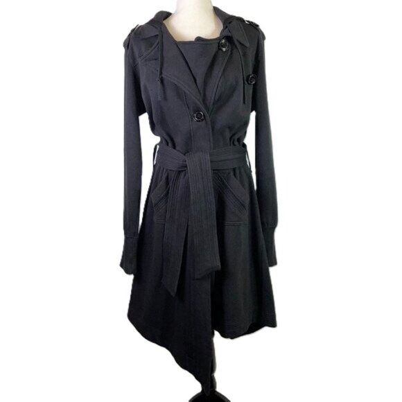 Mike & Chris Asymmetrical Hem Hooded Fleece Trench Coat Black Size L - Picture 1 of 15